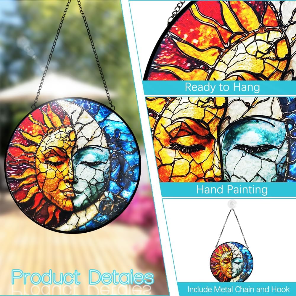 Sun and Moon Suncatcher Stained Glass Window Hanging - 8” Handmade Colorful Suncatchers for Windows Hanging Sun Catchers Indoor Wall Art Catcher - Celestial Decor Panel Birthday Gift for Women Men