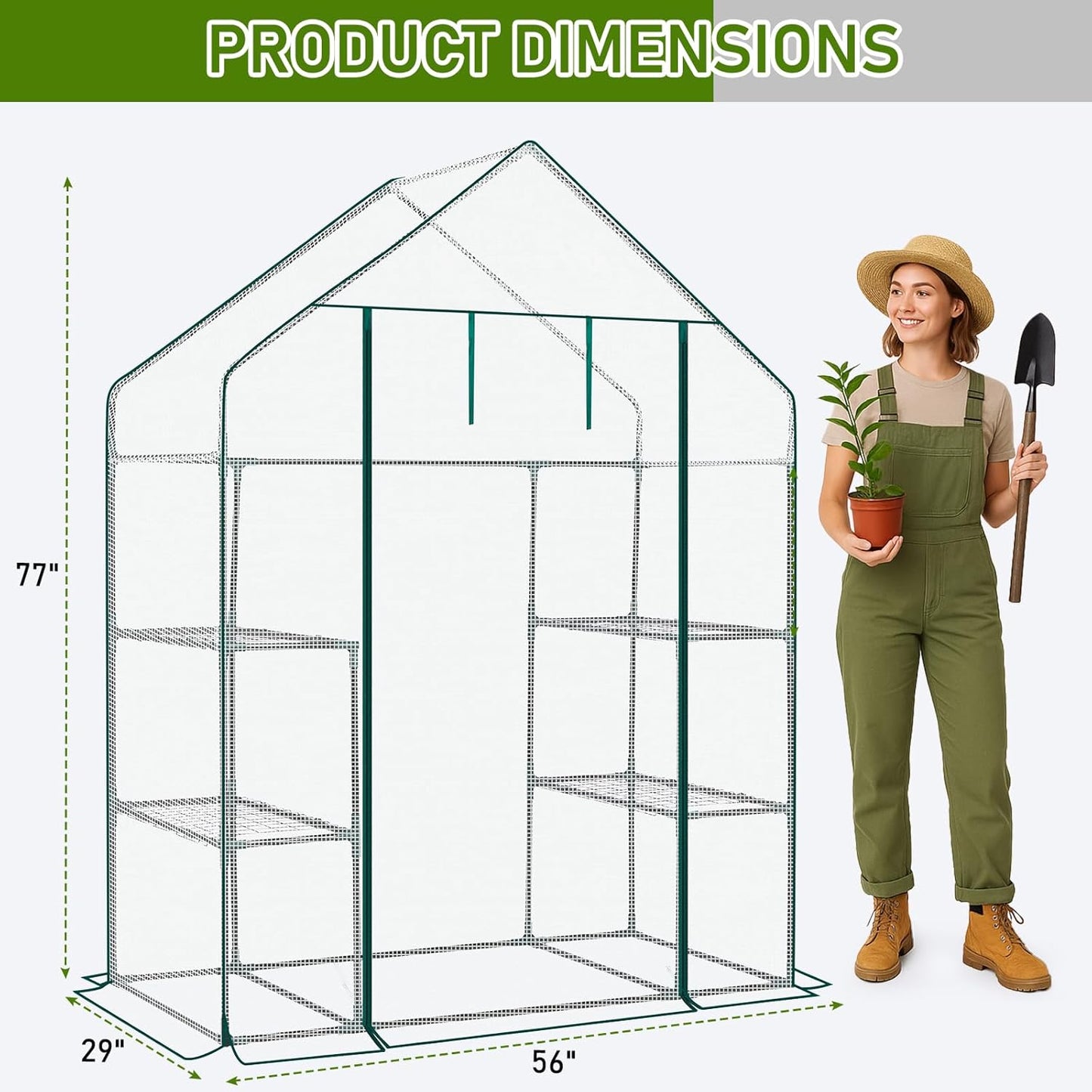 Outvita Walk-in Greenhouse, Outdoor Durable PE Plant Green House for Frost Protection with 3 Tiers 4 Shelves, Shelf Clips, Roll-up Zipper Door, 56"x29"x77" White