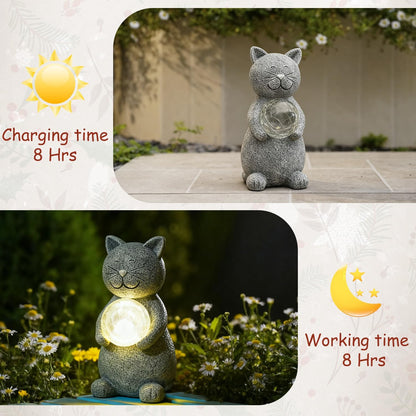 Solar Cat Statue Garden Decor - Cat Lover Gifts, with Gazing Solar LED Lights Ball Cats Decoration for Garden Yard Patio Lawn Balcony - Gifts for Mom Grandma (Gray)