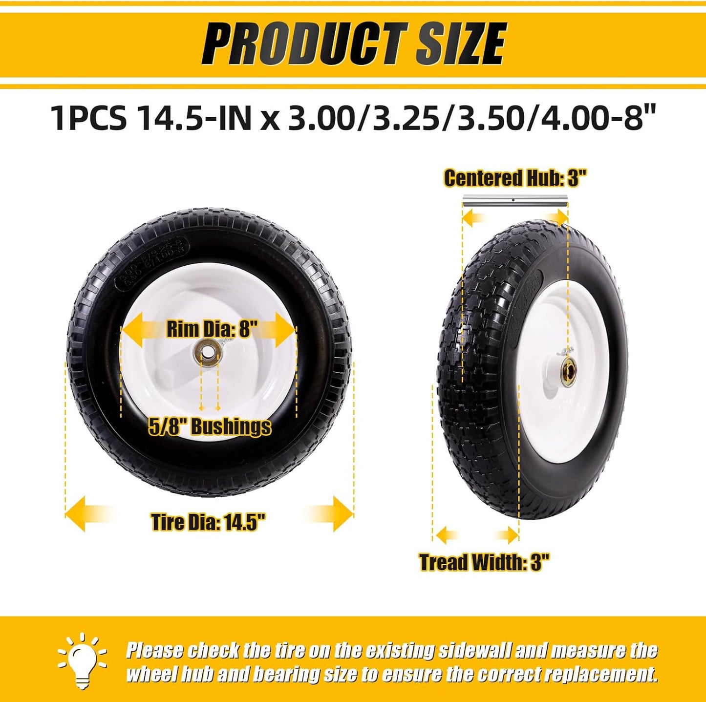 MZREXN 14.5" Wheelbarrow Tire Flat-Free 3.00/3.25/3.50/4.00-8" Solid Tire and Wheel with 3"-7" Centered Hub, 3/4" & 5/8" Bearings Replacement for Hand Truck/Dolly/Utility Cart/Garden Cart 1PCS White