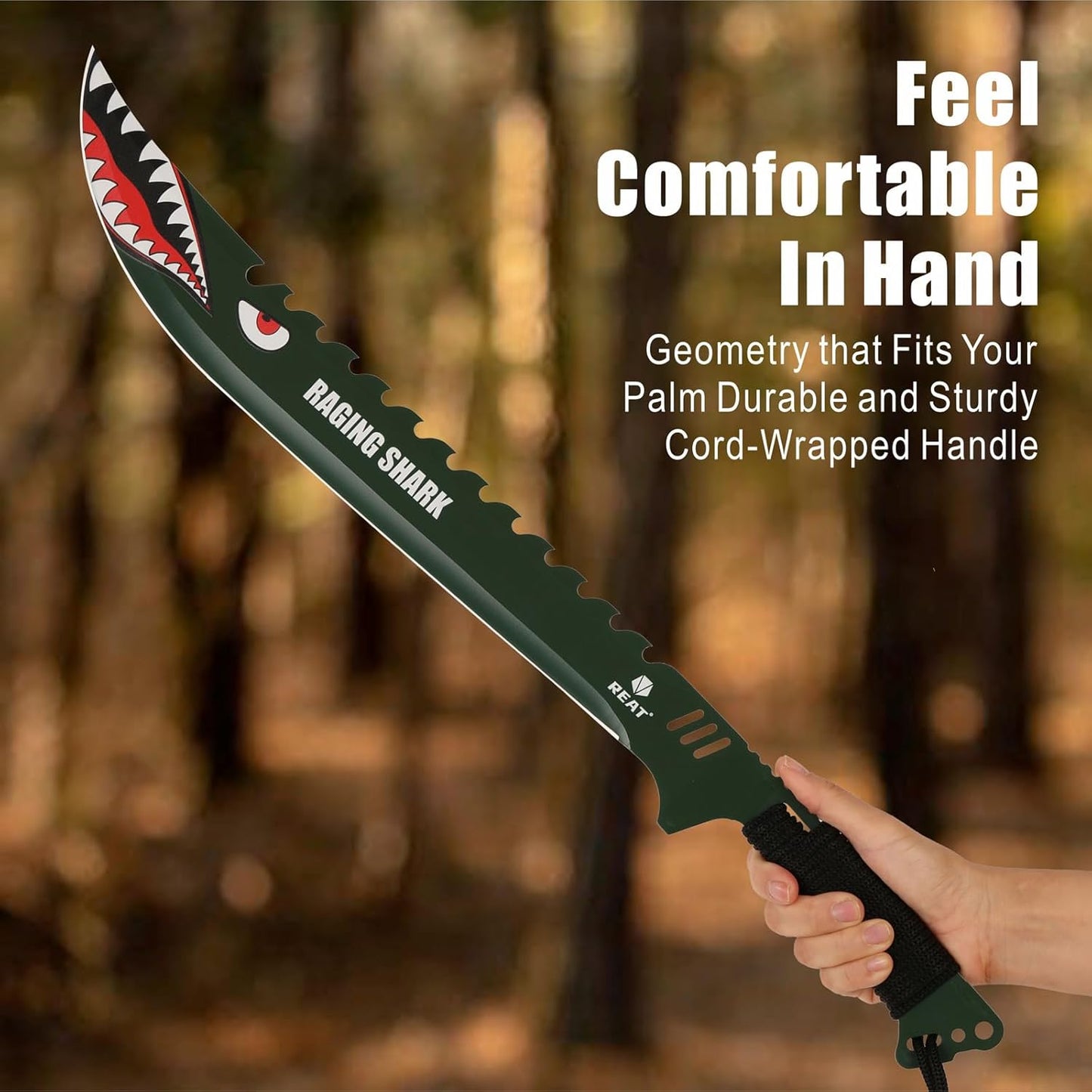 REAT Machete with Sheath, 25.5" Full Tang 420 Stainless Steel Blade with Raging Shark Green Coating,Non-silp Cord-Wrapped Handle for Yard Work, Cutting Trees,Camping