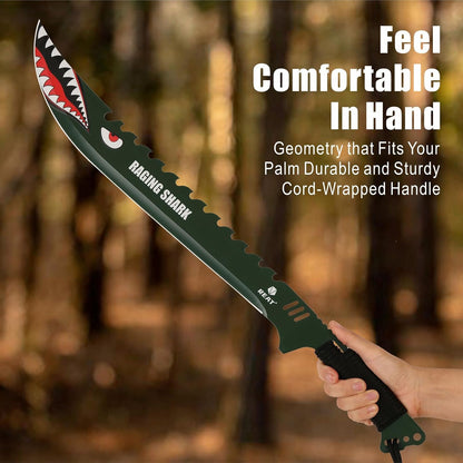 REAT Machete with Sheath, 25.5" Full Tang 420 Stainless Steel Blade with Raging Shark Green Coating,Non-silp Cord-Wrapped Handle for Yard Work, Cutting Trees,Camping