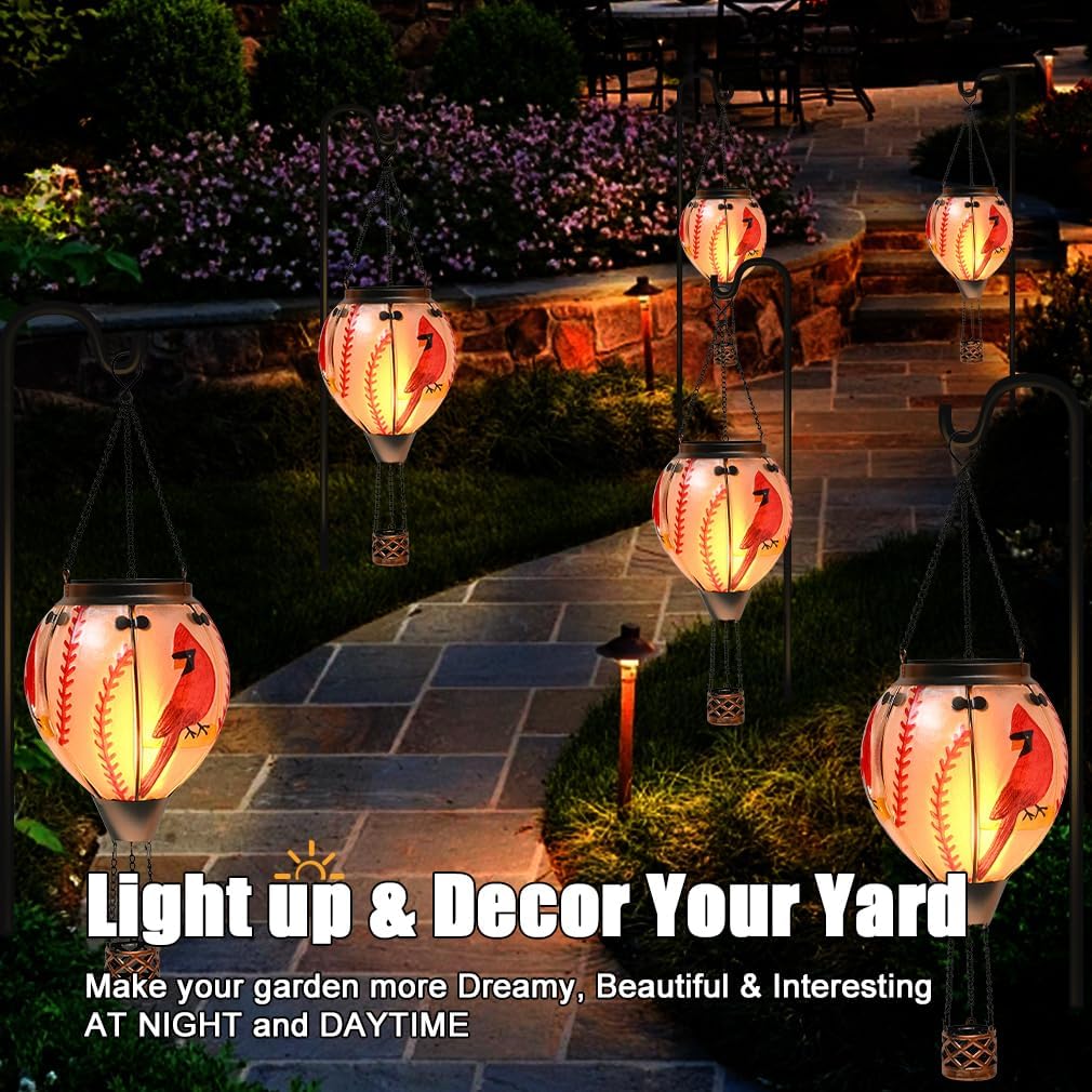 Hot Air Balloon Solar Lantern - Cardinal Bird Glass Lantern, Simulated Flickering & Dancing Flame, Outdoor Hanging Yard Light Waterproof IP65 for Patio Lawn Porch Decor Gift