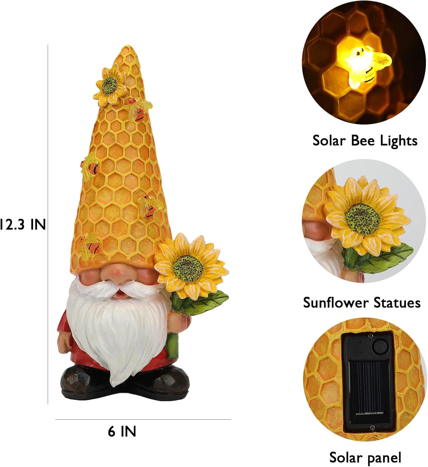 12.3''Garden Gnomes Outdoor Statues Clearance for Garden Decor with Solar Bee Lights,Christmas Gnomes Outdoor Decor - Sunflower Gifts for Women Mom,Yard Art Sculptures for Patio Lawn Yard