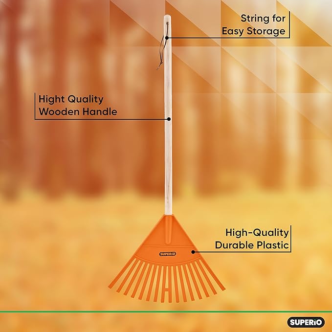 Leaf Rake, Orange Kid Size Leaf Collector, Bulk Pack Gardening Rake, 24-Pack Plastic Rakes with Wood Handle, by Superio