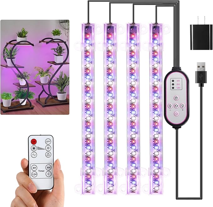7.8'' Growing Lamp for Indoor Plants, Red & Blue & Yellow Full Spectrum, LED Grow Light Strips with 4/8/12H Timer,10 Dimmable Levels for Green House Succulent,4 Head