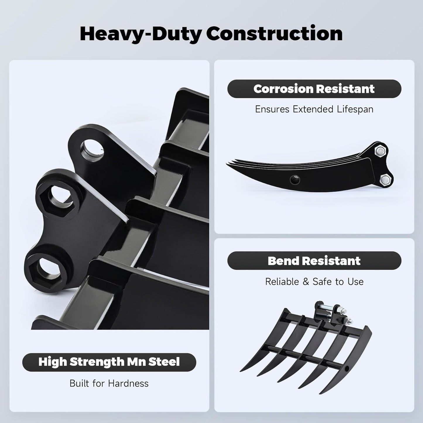 AHM 19" Mini Excavator Rake, 5-Tooth Wide Rake Attachment for Mini Excavators up to 2 Tons, 490 mm Metal Brush Rake with 0.98" (25 mm) Pins for Land Clearing, Debris Removing, Soil Spreading