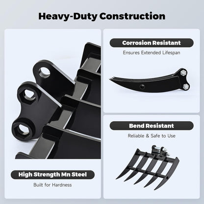 AHM 19" Mini Excavator Rake, 5-Tooth Wide Rake Attachment for Mini Excavators up to 2 Tons, 490 mm Metal Brush Rake with 0.98" (25 mm) Pins for Land Clearing, Debris Removing, Soil Spreading