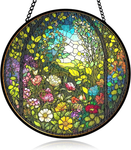 Blooming Flower Stained Glass Window Hanging, Floral Stained Glass Window Hanging, Suncatcher Panel Decorations, Floral Glass Ornament for Indoor Outdoor Wall, Garden Decor Gifts for Housewarming