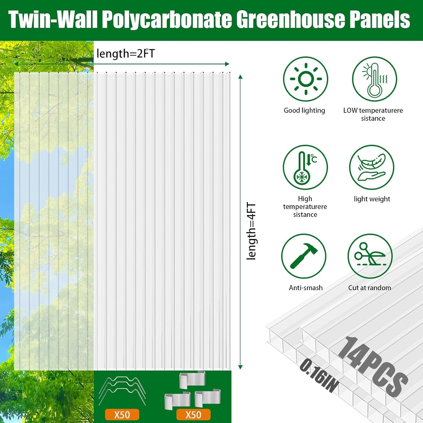 Polycarbonate Greenhouse Panels 14 Pack 4'x 2'x0.16 Twin-Wall UV-Protected All Weather Plastic Roof Panel Clear Replacement Sheets for Garden Fences, Furniture DIY,Outdoor Roofing