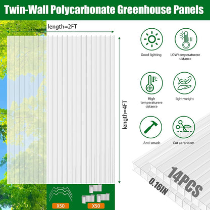 Polycarbonate Greenhouse Panels 14 Pack 4'x 2'x0.16 Twin-Wall UV-Protected All Weather Plastic Roof Panel Clear Replacement Sheets for Garden Fences, Furniture DIY,Outdoor Roofing