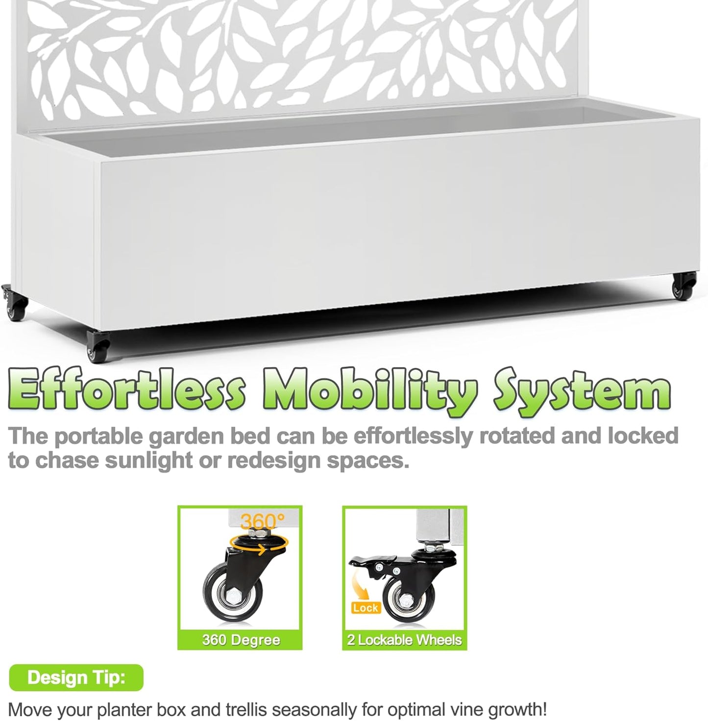 15.7"×70.9"×47.2" Metal Raised Garden Bed with Trellis and Wheels - Tall Trellis Planter Box for Climbing Plants, Vegetables & Vines - Outdoor Privacy Planters for Patio (White)