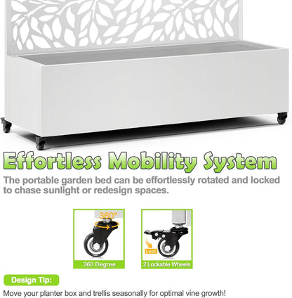 15.7"×70.9"×47.2" Metal Raised Garden Bed with Trellis and Wheels - Tall Trellis Planter Box for Climbing Plants, Vegetables & Vines - Outdoor Privacy Planters for Patio (White)