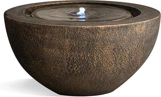 Xbrand 19.8" W Round Polyresin Indoor/Outdoor Sphere Water Fountain with LED Light, Garden/Patio Water Fountain Décor, Bronze