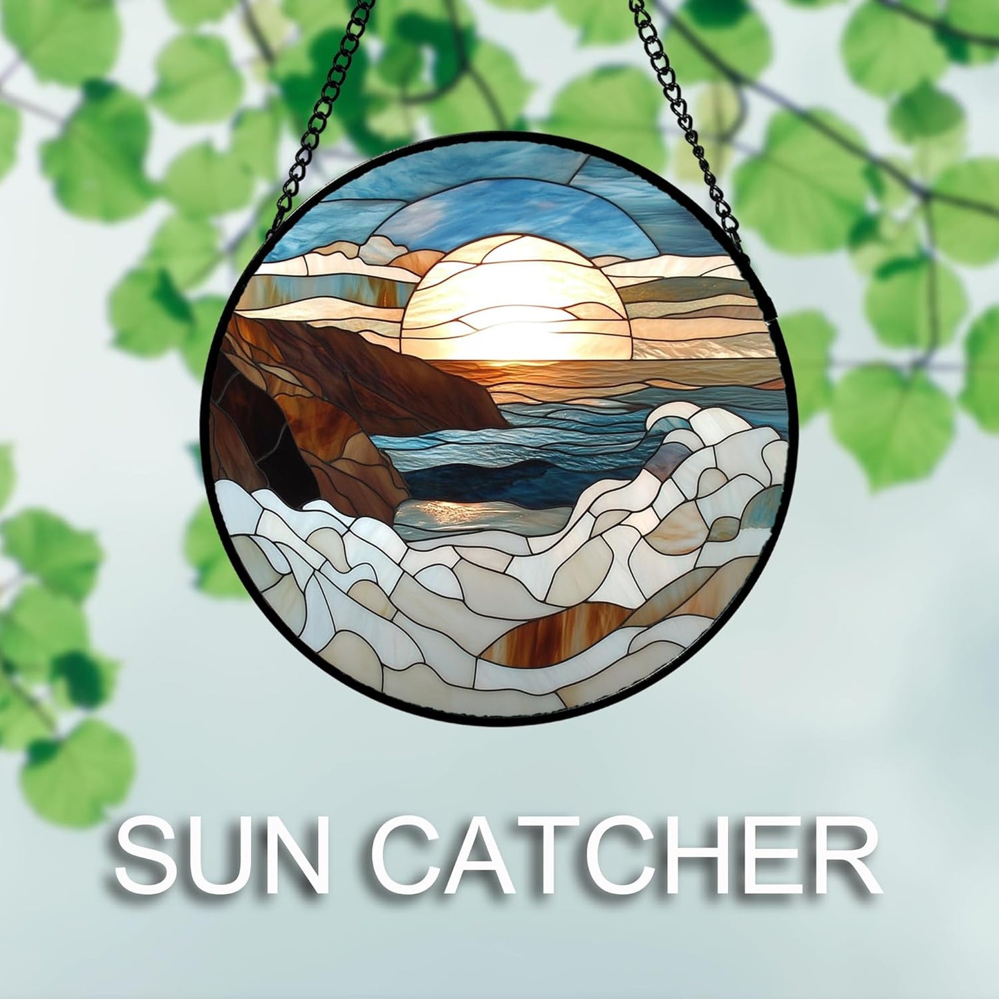 Stained Glass Window Hanging 4 Pcs Set Ocean Waves 7.8" - Blue and White Sea Suncatcher Door Garden Sun Catcher Decor Birthday Christmas for Mom Woman Nana Men