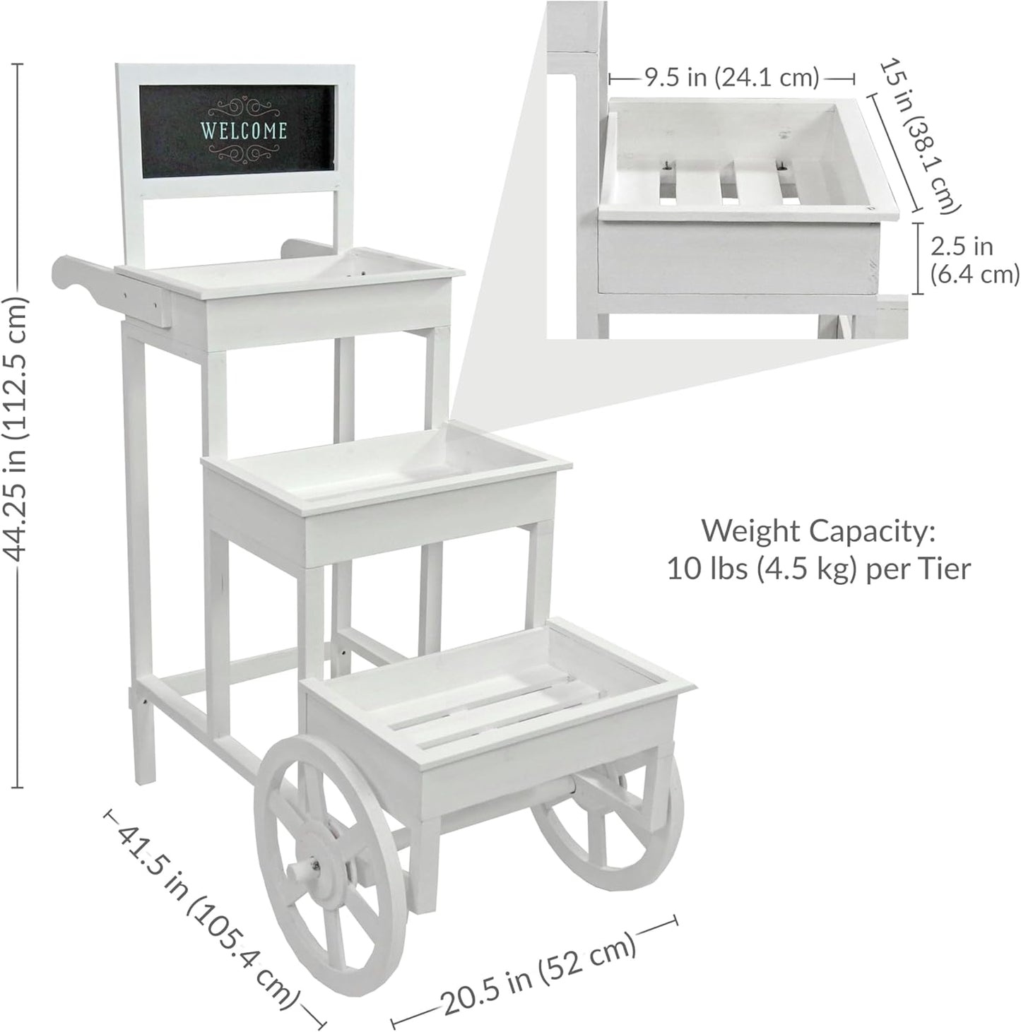 Sunnydaze 3-Tiered Flower Cart Display Stand with Wheels - Flower Display Stand or Planter - Wooden Cart with Chalkboard - White