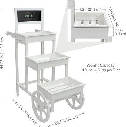 Sunnydaze 3-Tiered Flower Cart Display Stand with Wheels - Flower Display Stand or Planter - Wooden Cart with Chalkboard - White