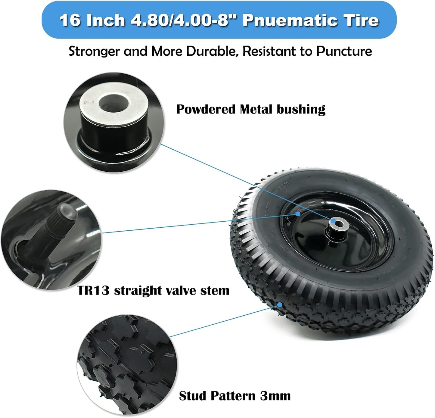 2-Pack of 4.80/4.00-8 Pneumatic Tire and Wheel,2PR (Air Filled)- 5/8"or 3/4" Powdered Metal bushings and 3"or 6"Center Hub,for Wheelbarrow,Garden and Utility Cart,Trolley,Wagon and More (MYTT4008-2)