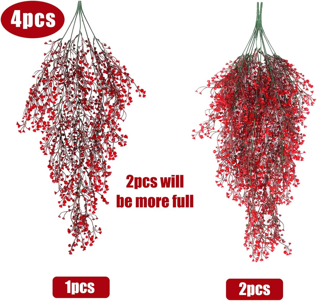 RECUTMS Artificial Hanging Fern Lighted with 30 LED Fake Hanging Ivy Vines Plastic Faux Greenery Plants for Home Wall Bedroom Garden Wedding Outside Decor Pack of 4 (Red)