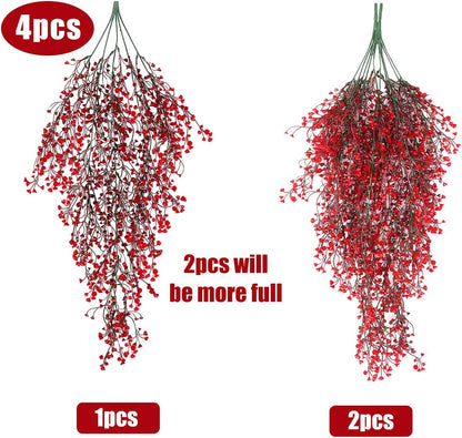 RECUTMS Artificial Hanging Fern Lighted with 30 LED Fake Hanging Ivy Vines Plastic Faux Greenery Plants for Home Wall Bedroom Garden Wedding Outside Decor Pack of 4 (Red)