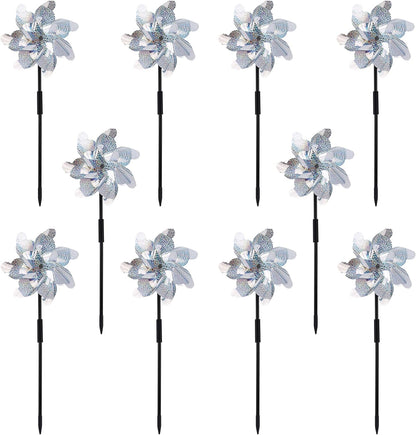 10 Pack Reflective Pinwheels with Plastic Stakes| 19.7 inch Pre-Assembled Sparkle Pin Wheel Set | Scare Off Birds and Animals Away | Decorative for Garden, Yard, Lawn
