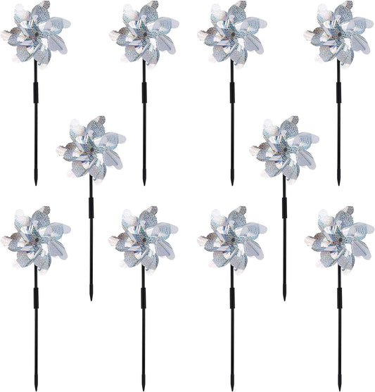 10 Pack Reflective Pinwheels with Plastic Stakes| 19.7 inch Pre-Assembled Sparkle Pin Wheel Set | Scare Off Birds and Animals Away | Decorative for Garden, Yard, Lawn