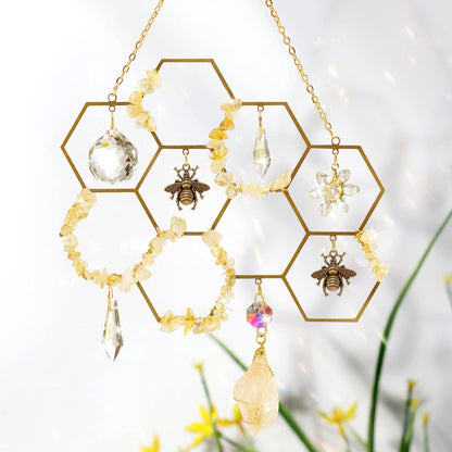 Tuitessine Crystals Suncatcher Window Hanging Bumble Bee Decor Honeycomb Light with Crystal Glass Prisms Hive for Home Indoor Outdoor Catcher Garden Ornament Christmas Birthday Gift Ideas