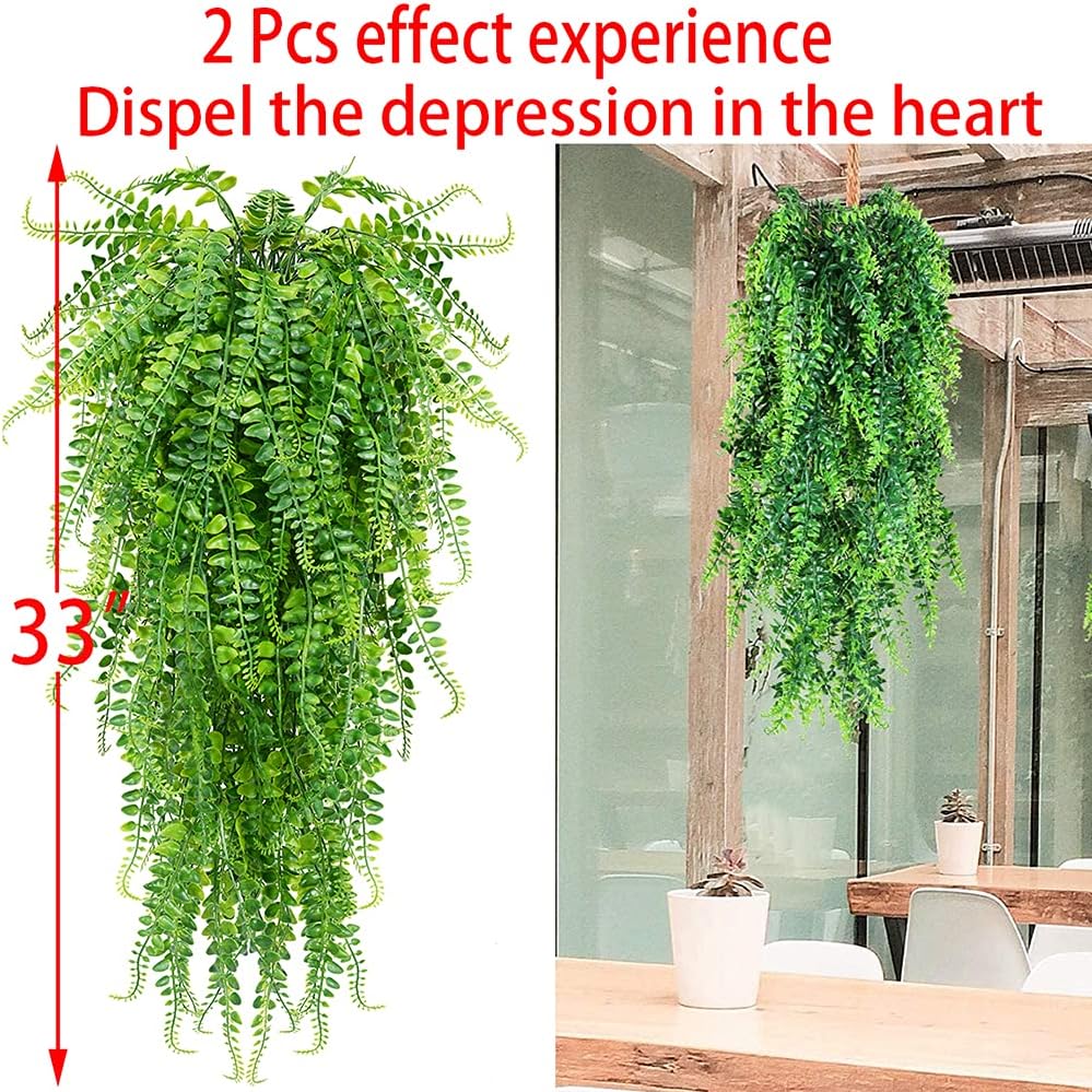 6 Pcs Artificial Hanging Ferns Plants Fake Hanging Plants Fake Ivy Boston Ferns Vine Outdoor Indoor Home Décor UV Resistant Plastic Plants (Green)