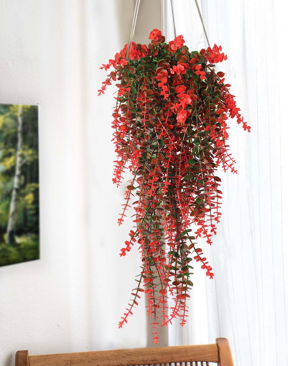 RECUTMS Artificial Monkey Hanging Plant Fake Artificial Eucalyptus Leaf Plants Faux UV Resistant Artificial Plants for Indoor Wall Room Decoration Home Backgarden Yard Porch Outdoor Decor(Orange)