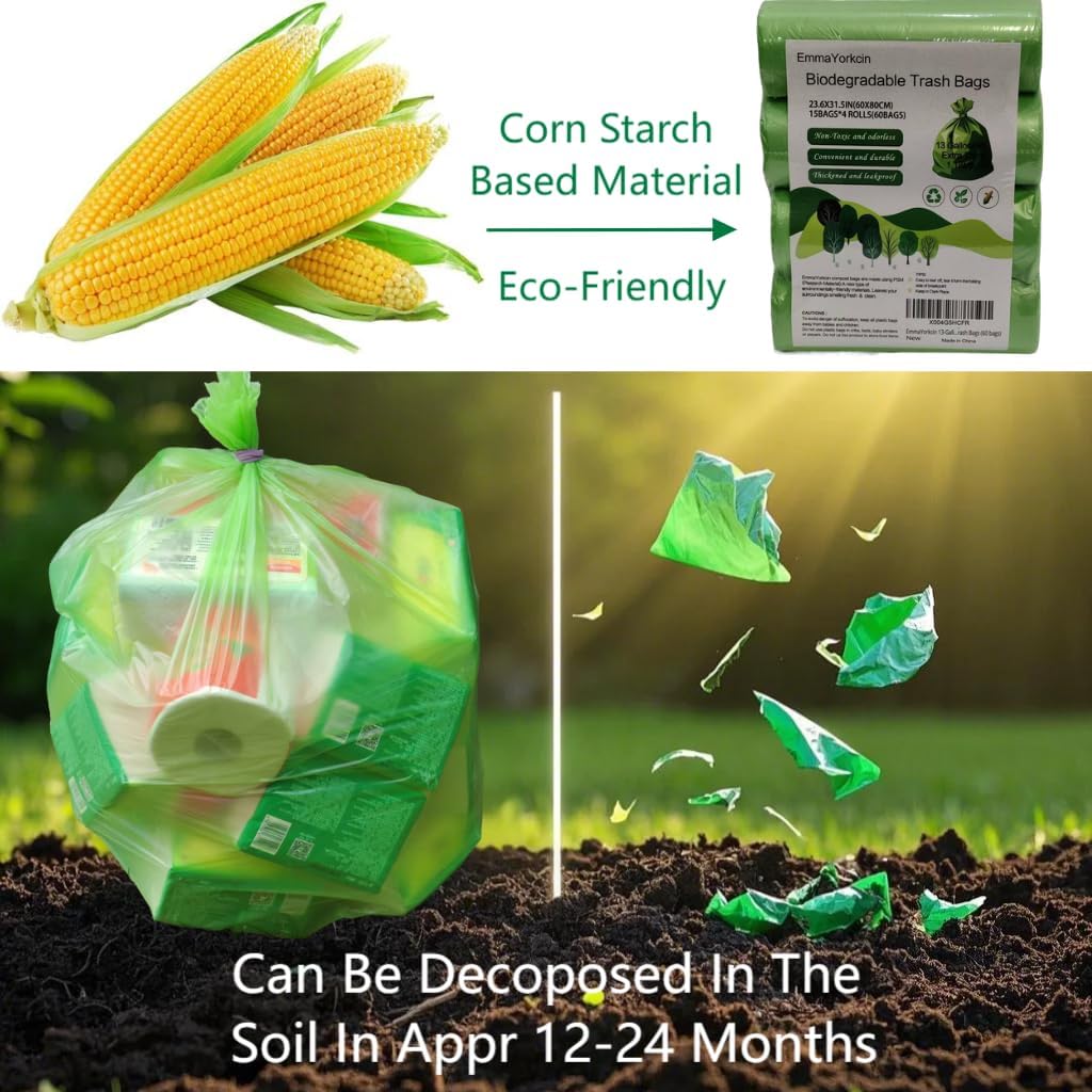 Biodegradable Trash Bags 13+ Gallon-Plant-Based Tall Kitchen compostable Waste Bags, Heavy Duty 1.18 Mil & Leakproof, 50 L, Fits 13 Gallon Bins, Recyclable -Strong Large Trash Bags (60 Count)