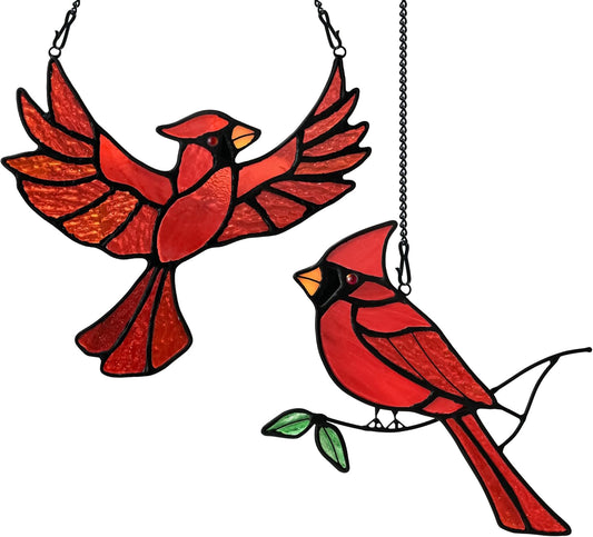 BOXCASA Cardinal Gfits Stained Glass Birds Window Hanging,Cardinal Handmade Ornament Stained Glass