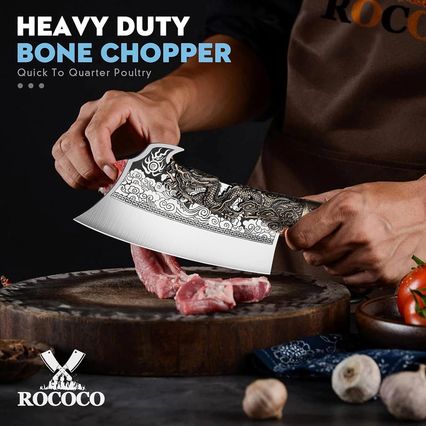 ROCOCO 2lb Dragon Butcher Knife Heavey Duty Cleaver Knife for Meat Bone Cutting 9.5" Cool Big Viking Camping Chopper Cutter with Sheath Birthday Father Mother Christmas Gift Idea Men