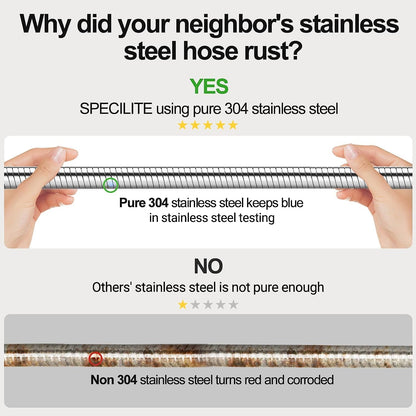 SPECILITE 125ft 304 Stainless Steel Garden Hose Metal, Heavy Duty Water Pipe with Nozzles for Yard, Outdoor - Flexible, Never Kink & Tangle, Puncture Resistant (Sliver)