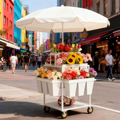 Metal Garden Cart Plant Stand with 18pcs Buckets and parasols, Slide Out Rolling Flower Display Rack, for Florist, Patio Garden, Weddings Party, Business Market (White)