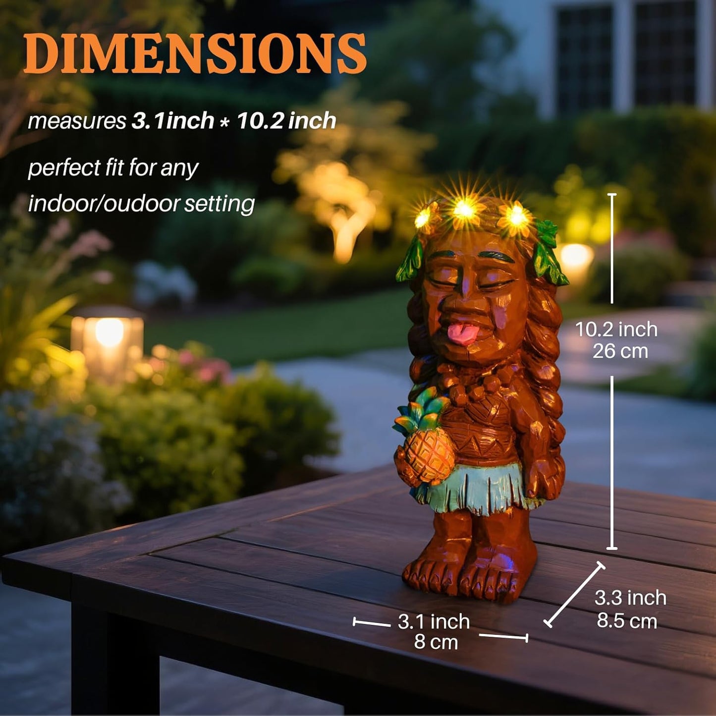 Solar Tiki Girl Garden Statues Tiki Lady Holding Pineapple Figurine with Flower LED Lights Bar Patio Porch Yard Outdoor Decorations Christmas Thanksgiving Birthday Gardening Gift for Mom Women