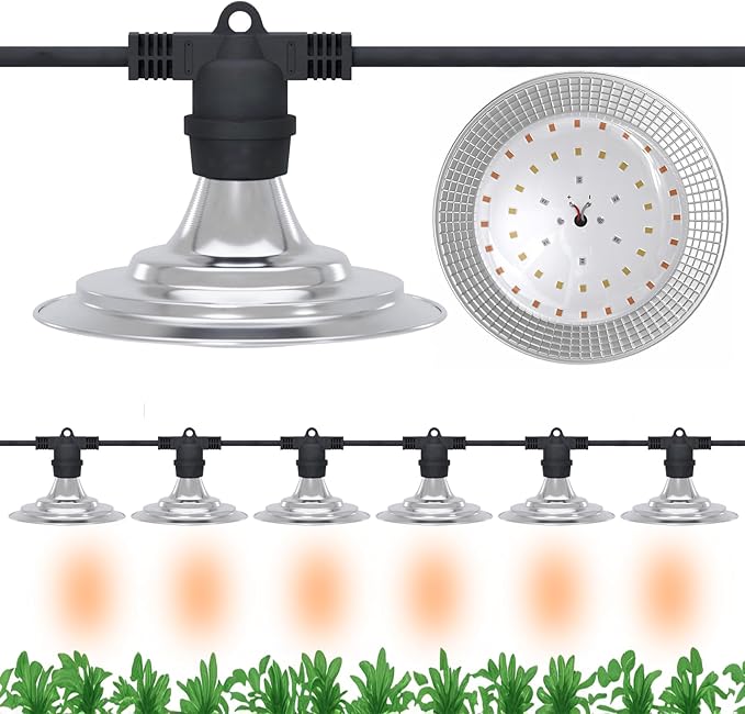 6-Light Outdoor LED Grow Lights – Waterproof Full Spectrum Greenhouse Lights for Plants, 21.3FT Adjustable String Lights with 288 LEDs E26 Base Bulbs, IP44 Waterproof for Garden, Farm, Yard