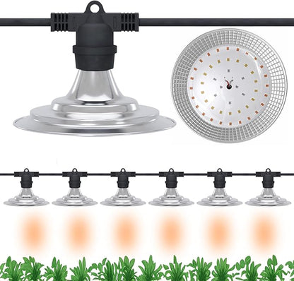 6-Light Outdoor LED Grow Lights – Waterproof Full Spectrum Greenhouse Lights for Plants, 21.3FT Adjustable String Lights with 288 LEDs E26 Base Bulbs, IP44 Waterproof for Garden, Farm, Yard