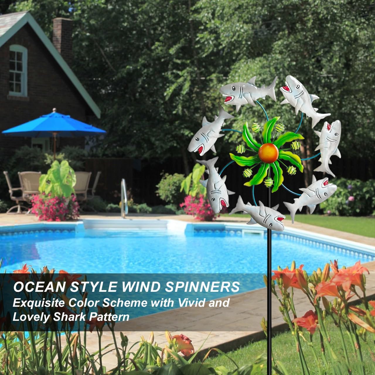 Shark Outdoor Wind Spinners - 39" Ocean-Themed Metal Wind Sculptures Garden Stake Art, 13.5” Windmill Yard Kinetic, Outdoor Decor for Patio & Lawn - Metal Beach Sculpture with Shark Design