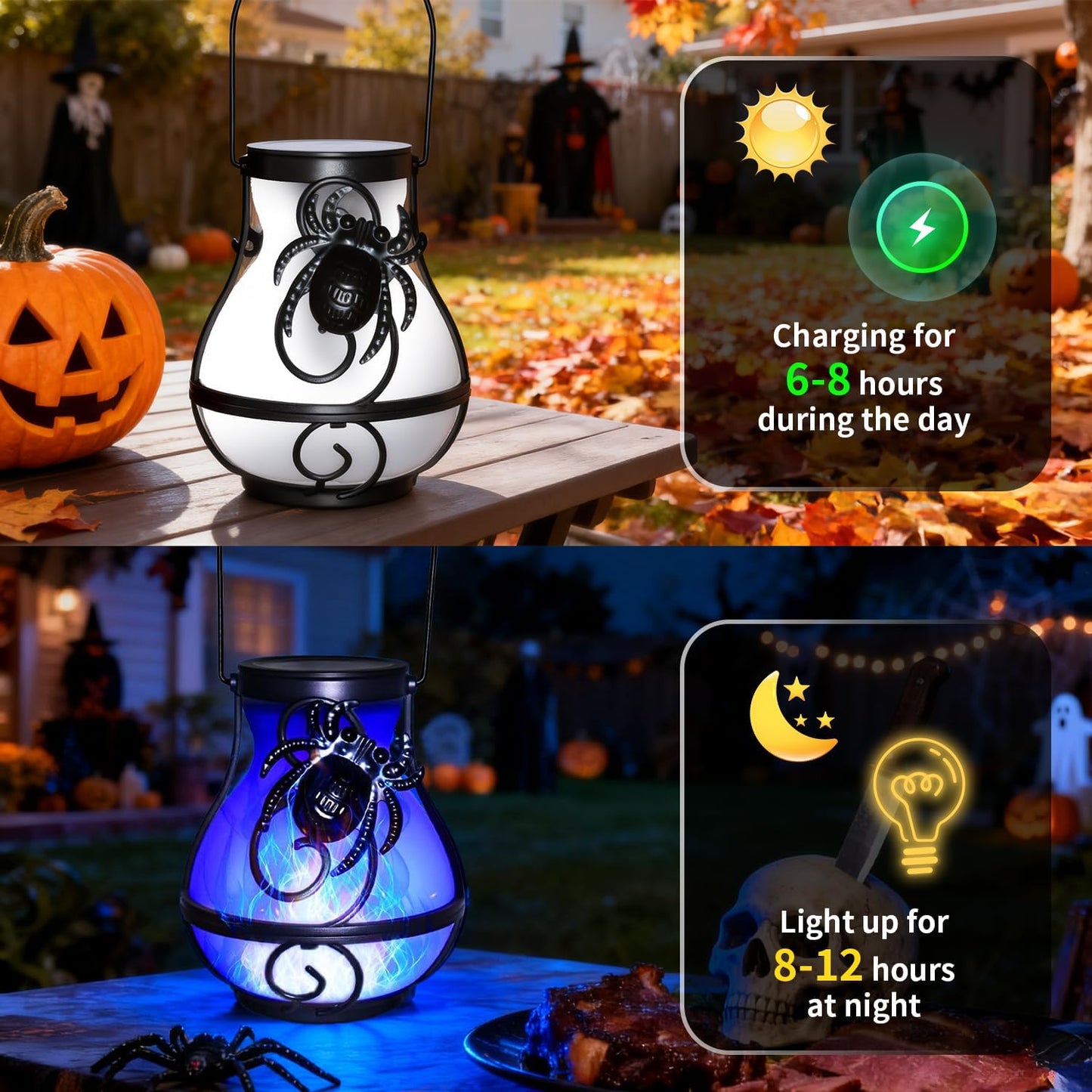2 Pack Solar Halloween Hanging Lights Outdoor,Solar Spider Flickering Flame Lantern for Garden Yard Patio Halloween Party Decoration