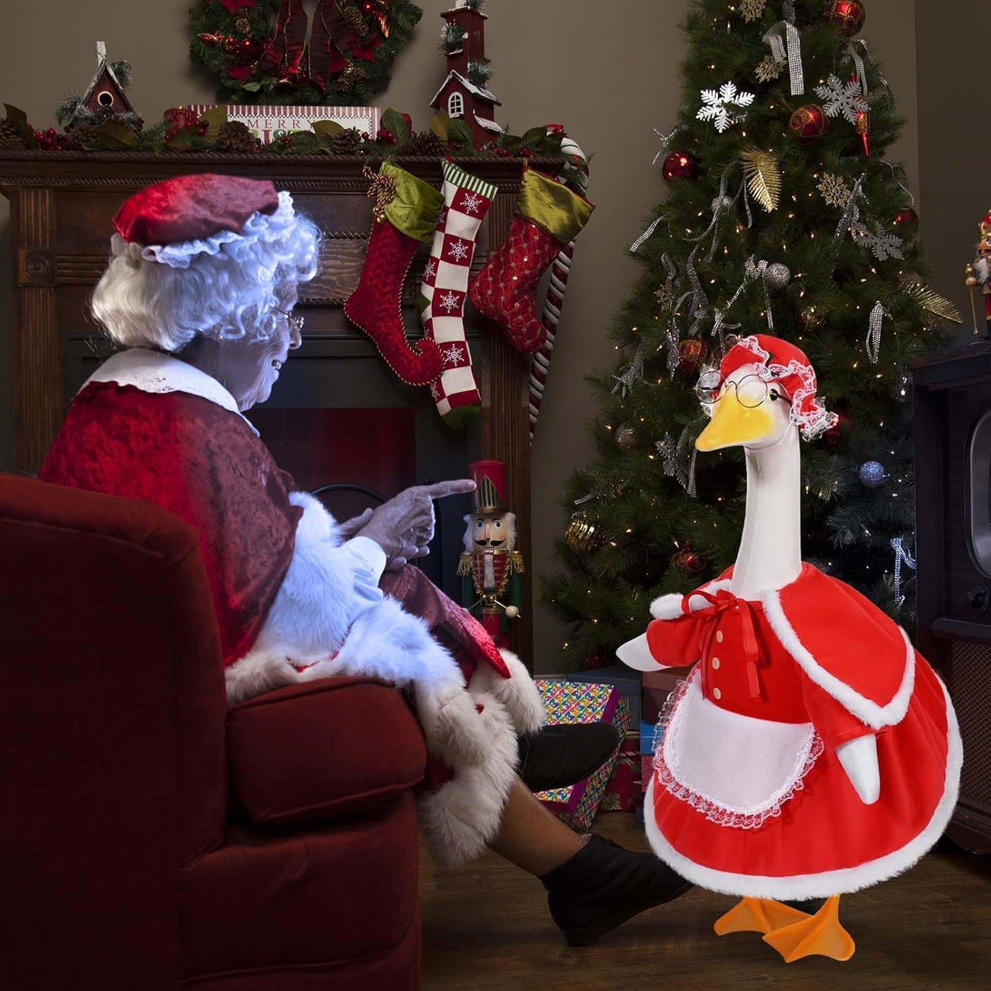 Mrs. Claus Porch Goose Outfits Christmas Lawn Goose Clothes Fits 23" Cement Plastic Goose Statue for Christmas Outdoor Garden Yard Patio Statue Art Decoration