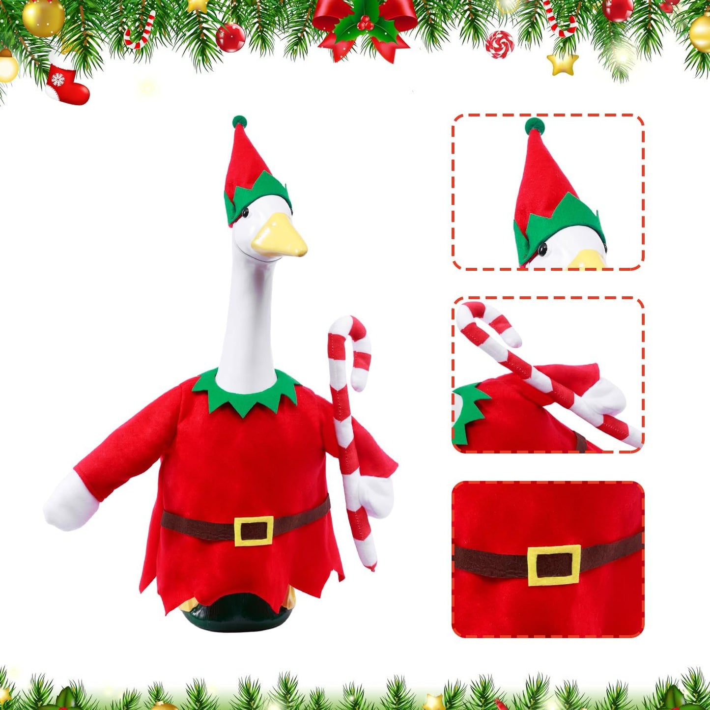 Christmas Toy Soldier Style Porch Goose Outfits,2 Pcs/Set Goose Clothes with Pointed Hat and Candy Cane Fits 23" Lawn Goose Statue,Red Christmas Outdoor Goose Costume,Yard Patio Garden Xmas Decor
