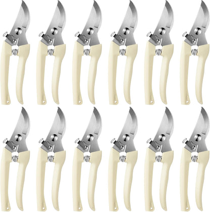 Therwen 12 Pcs Garden Shears Flower Scissors Pruning Shears Floral Garden Clippers Hand Pruners Branch Cutter Gardening Tools for Plants Cutting, Trimming, Fruits Picking (Beige,Bypass)