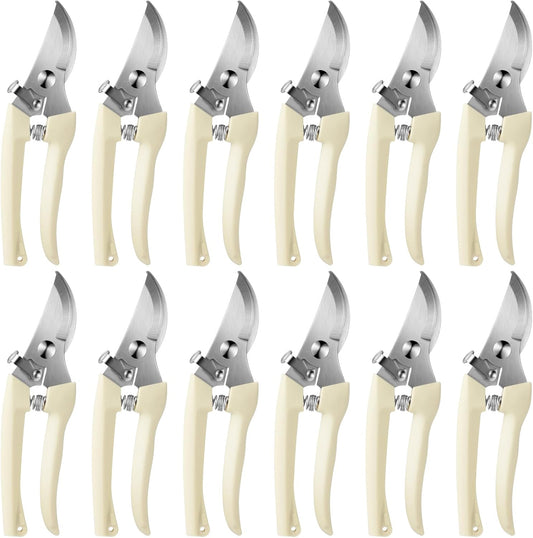Therwen 12 Pcs Garden Shears Flower Scissors Pruning Shears Floral Garden Clippers Hand Pruners Branch Cutter Gardening Tools for Plants Cutting, Trimming, Fruits Picking (Beige,Bypass)