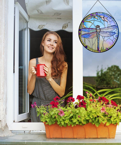 12 Inch Stained Glass Window Hanging, Large Dragonfly Suncatcher, Stained Glass Window Suncatcher, Dragonfly Home Wall Art Decor for Indoor/Outdoor, Hand Colorful Panel Sun Catcher, Gift for Mom