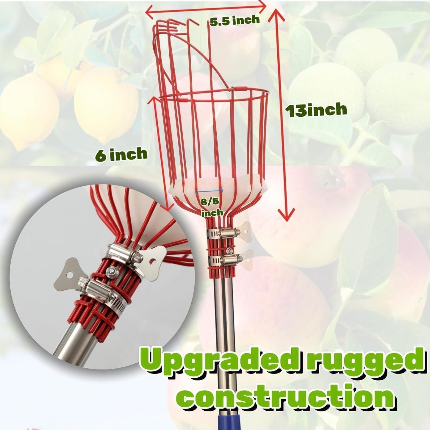 Adjustable Fruit Picker with Telescoping Handle and Basket, 5.5ft - Ideal for Apple, Orange, Avocado, Lemon, Pear, and Mango Harvesting