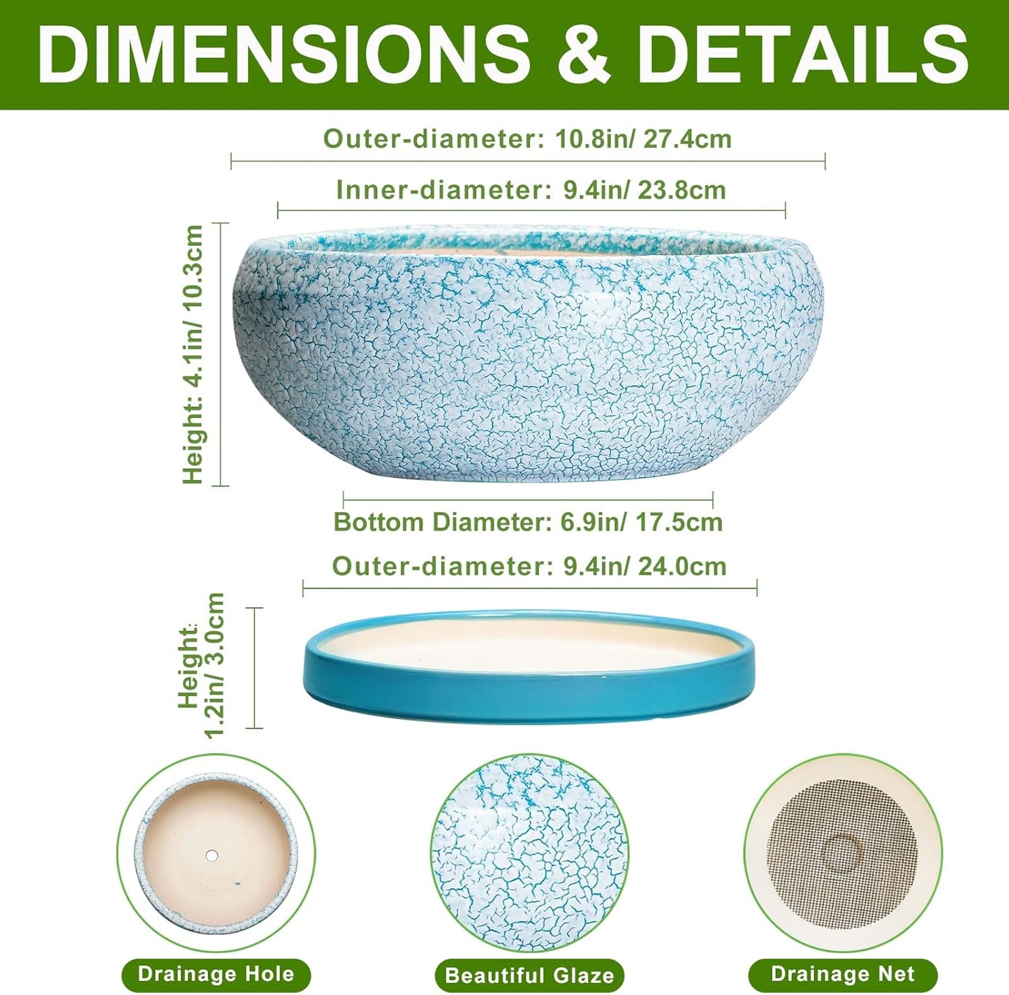 Bonsai Pots 10 Inch - Shallow Ceramic Planters for Indoor Outdoor, Succulent Pots with Drainage Hole and Saucer, Round Planter Bowl, Succulent Planter, Garden Decor, Housewarming Gifts, Blue