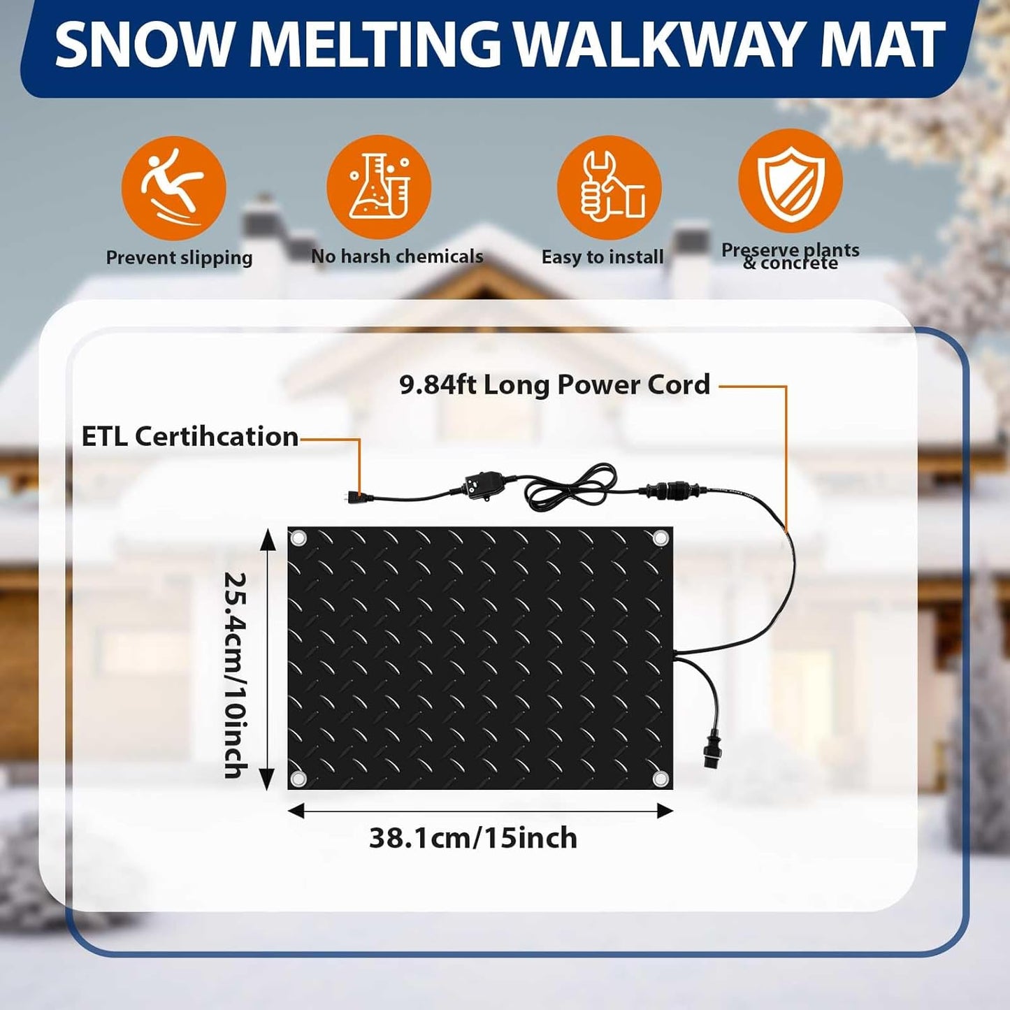 Riakrum 6 Pcs Heated Snow Melting Mats Outdoor, 10 x 15 in Winter Anti-Slip Heated Rubber Mat for Walkways Decks and Sidewalks, Snow and Ice Melting Pads Connection with 9.84 ft Power Cord