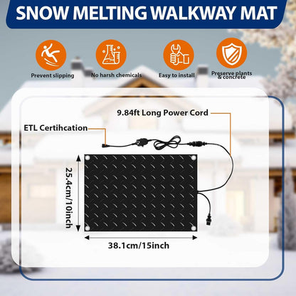 Riakrum 6 Pcs Heated Snow Melting Mats Outdoor, 10 x 15 in Winter Anti-Slip Heated Rubber Mat for Walkways Decks and Sidewalks, Snow and Ice Melting Pads Connection with 9.84 ft Power Cord