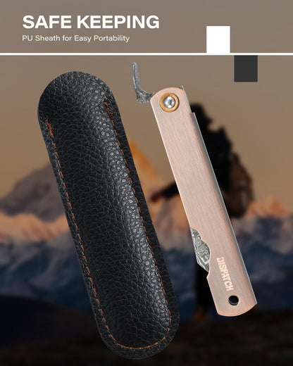 EDC Folding Knife, 2.8" Full Panel Plain Edge Blade, Non-Locking Pocket Knife Features Cloud Pattern Damascus Steel Blade & Red Bronze Electroplated Handle, Includes Black PU Sheath