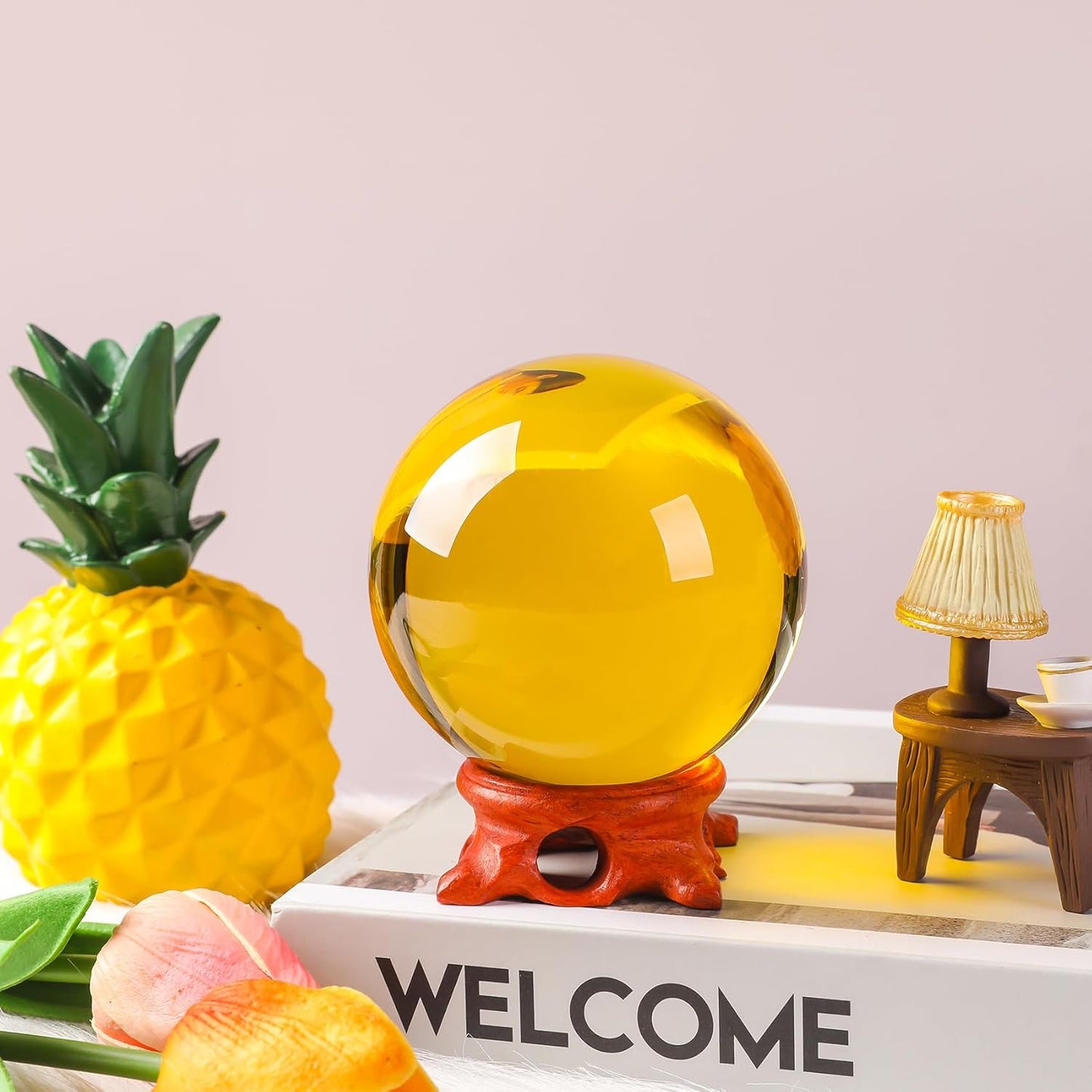 Yellow Crystal Ball 100mm/3.9 inch with Rose Wooden Stand and Gift Box for lensball Photography,Fortune Teller,Feng Shui, Witchcraft Decor,Scrying,Magic,Large Quartz Crystal Orb Prop Glass Sphere